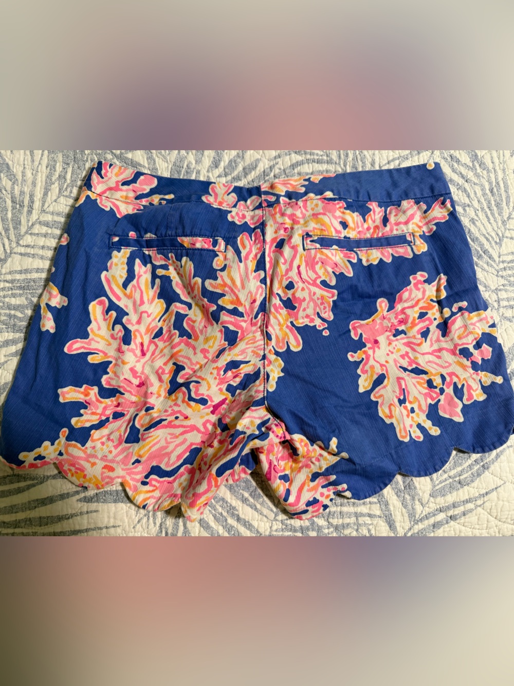 Lilly Pulitzer Blue Scallop Hem Printed Shorts with Pink & Yellow Coral Motif